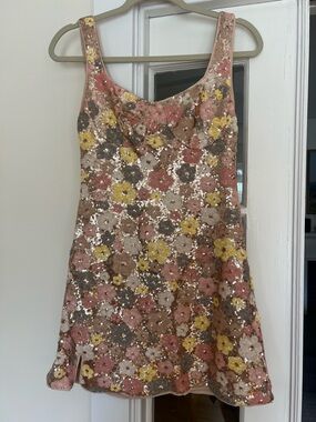 Cider Floral Sequin Mini Dress in Pink, Yellow, Brown